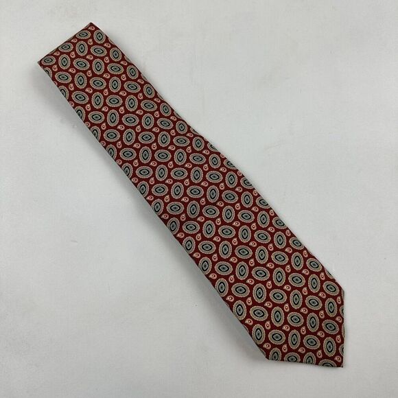 VTG Lands End 100% Silk Necktie Tie Red Paisley Geometric 01 - Picture 2 of 5